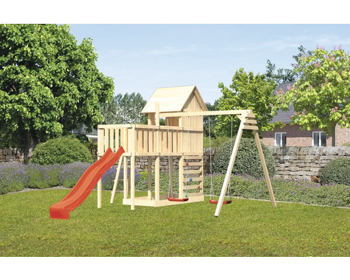 Tour de jeux cabane de jeux Karibu Frieda 107 x 107 cm en bois avec toboggan, 2 balançoires, extension et mur d'escalade