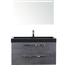 Badmöbel-Set Sanox Seville BxHxT 101 x 170 x 45,5 cm Frontfarbe beton anthrazit mit Waschtisch Naturstein schwarz und Waschtischunterschrank Waschtisch Spiegel mit LED-Beleuchtung