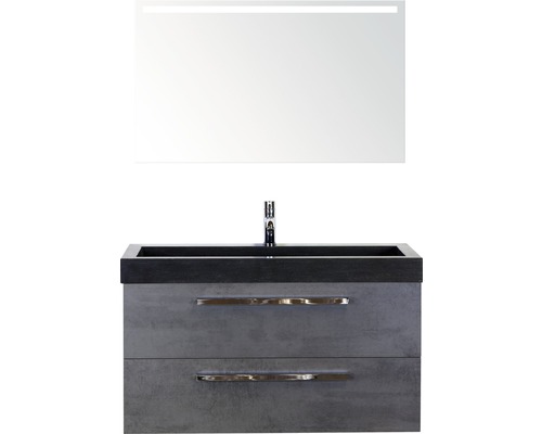 Set de meubles de salle de bains Sanox Seville lxhxp 101 x 170 x 45,5 cm couleur de façade béton anthracite avec vasque en pierre naturelle noir et meuble sous vasque vasque miroir avec éclairage LED