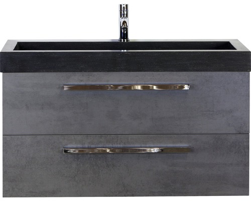 Einzelbadmöbel Sanox Seville BxHxT 101 x 58 x 45,5 cm Frontfarbe beton anthrazit mit Waschtisch Naturstein schwarz Griff chrom glanz 81702541 Waschtischunterschrank mit zwei Schubladen und Aufsatzwaschbecken