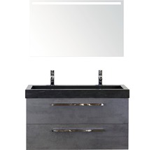 Badmöbel-Set Seville 100 cm mit Natursteinwaschtisch 2 Hahnlöcher und Spiegel mit LED-Beleuchtung Beton anthrazit