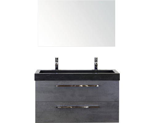 Set de meubles de salle de bains Sanox Seville lxhxp 101 x 170 x 45,5 cm couleur de façade béton anthracite avec vasque en pierre naturelle noir et meuble sous vasque vasque miroir