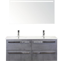 Badmöbel-Set Sanox Seville BxHxT 121 x 170 x 46 cm Frontfarbe beton anthrazit mit Waschtisch Keramik weiß und Waschtischunterschrank Spiegel mit LED-Beleuchtung Doppelwaschtisch