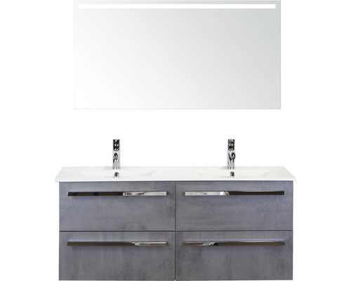 Badmöbel-Set Sanox Seville BxHxT 121 x 170 x 46 cm Frontfarbe beton anthrazit mit Waschtisch Keramik weiß und Waschtischunterschrank Spiegel mit LED-Beleuchtung Doppelwaschtisch