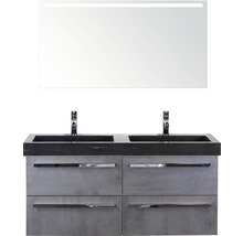 Badmöbel-Set Sanox Seville BxHxT 121 x 170 x 45,5 cm Frontfarbe beton anthrazit mit Waschtisch Naturstein schwarz und Waschtischunterschrank Spiegel mit LED-Beleuchtung Doppelwaschtisch
