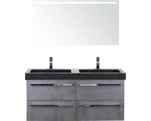 Badmöbel-Set Sanox Seville BxHxT 121 x 170 x 45,5 cm Frontfarbe beton anthrazit mit Waschtisch Naturstein schwarz und Waschtischunterschrank Spiegel mit LED-Beleuchtung Doppelwaschtisch