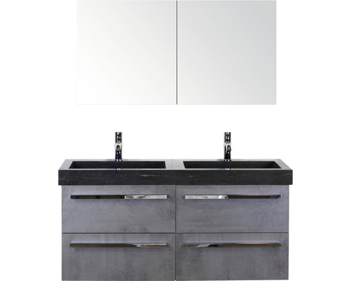 Badmöbel-Set Seville 120 cm mit Doppelwaschwaschtisch Naturstein mit Spiegelschrank Beton anthrazit Badmöbel-Set Seville 120 cm mit Doppelwaschwaschtisch Naturstein mit Spiegelschrank Beton anthrazit