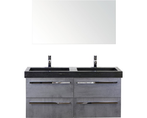 Badmöbel-Set Sanox Seville BxHxT 121 x 170 x 45,5 cm Frontfarbe beton anthrazit mit Waschtisch Naturstein schwarz und Waschtischunterschrank Spiegel Doppelwaschtisch Waschtisch mit zwei Waschbecken, Unterschrank, Schubladen und Spiegel