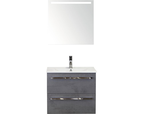 Badmöbel-Set Sanox Seville BxHxT 61 x 170 x 46 cm Frontfarbe beton anthrazit mit Waschtisch Keramik weiß und Waschtischunterschrank Waschtisch Spiegel mit LED-Beleuchtung