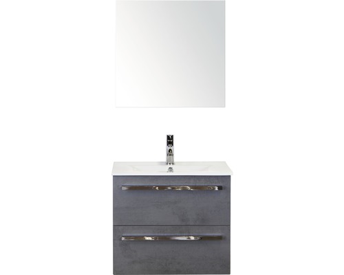 Badmöbel-Set Sanox Seville BxHxT 61 x 170 x 46 cm Frontfarbe beton anthrazit mit Waschtisch Keramik weiß und Waschtischunterschrank Waschtisch Spiegel