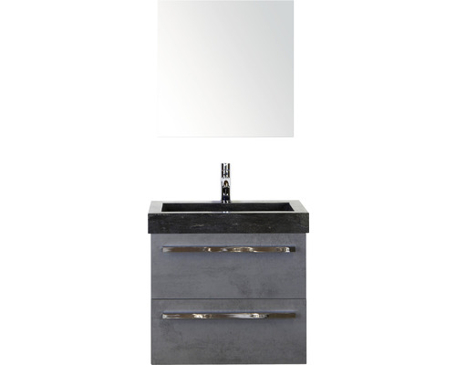 Set de meubles de salle de bains Sanox Seville lxhxp 61 x 170 x 45,5 cm couleur de façade béton anthracite avec vasque en pierre naturelle noir