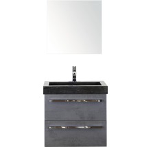 Badmöbel-Set Sanox Seville BxHxT 61 x 170 x 45,5 cm Frontfarbe beton anthrazit mit Waschtisch Naturstein schwarz und Waschtischunterschrank Waschtisch Spiegel