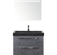 Badmöbel-Set Sanox Seville BxHxT 81 x 170 x 45,5 cm Frontfarbe beton anthrazit mit Waschtisch Naturstein schwarz und Waschtischunterschrank Waschtisch Spiegel mit LED-Beleuchtung
