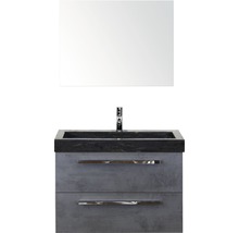 Badmöbel-Set Sanox Seville BxHxT 81 x 170 x 45,5 cm Frontfarbe beton anthrazit mit Waschtisch Naturstein schwarz und Waschtischunterschrank Waschtisch Spiegel