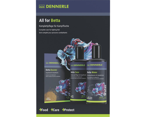 Kit d'entretien Dennerle All for Betta préparateur d'eau pour poissons Betta Care 250 ml, Betta Water 250 ml + Betta Booster Futter 12g