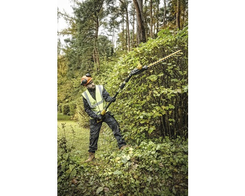 Un homme taille une haie dans le jardin avec un taille-haie télescopique sans fil.