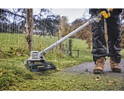 Vue de dessus d''une personne coupant la pelouse avec une débroussailleuse à batterie