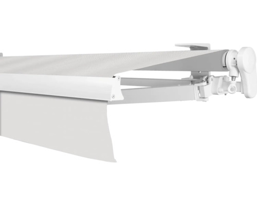 Store banne à bras articulé SOLUNA Proof 2,5x2 tissu dessin 0001 châssis RAL 9010 blanc pur entraînement à droite avec manivelle