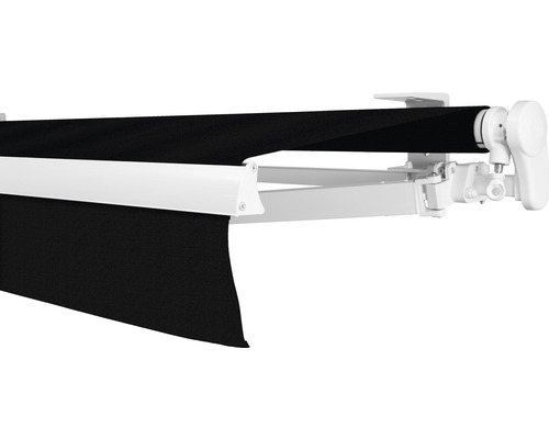 Store banne à bras articulé SOLUNA Proof 3x2 tissu dessin 6028 châssis RAL 9010 blanc pur entraînement à droite avec manivelle