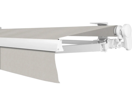 Store banne à bras articulé SOLUNA Proof 2,5x2 tissu dessin 6196 châssis RAL 9010 blanc pur entraînement à droite avec manivelle