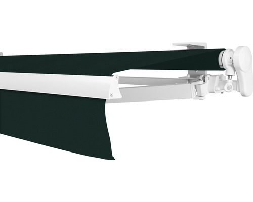 Store banne à bras articulé SOLUNA Proof 6x2 tissu dessin 6687 châssis RAL 9010 blanc pur entraînement à droite avec manivelle