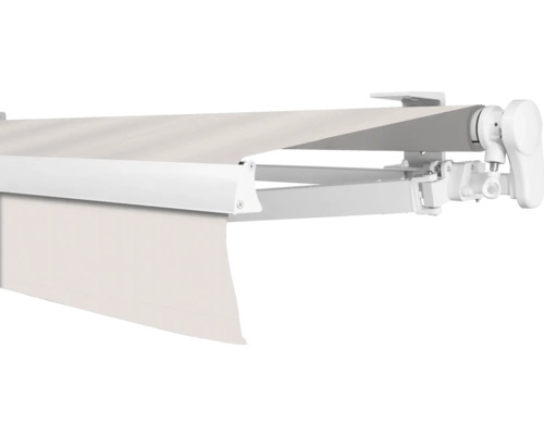 Store banne à bras articulé SOLUNA Proof 2,5x2 tissu dessin 7133 châssis RAL 9010 blanc pur entraînement à droite avec manivelle