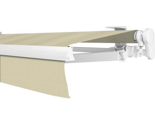 Store banne à bras articulé SOLUNA Proof 2,5x2 tissu dessin 7548 châssis RAL 9010 blanc pur entraînement à droite avec manivelle