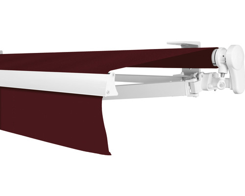 Store banne à bras articulé SOLUNA Proof 2,5x2 tissu dessin 8206 châssis RAL 9010 blanc pur entraînement à droite avec manivelle