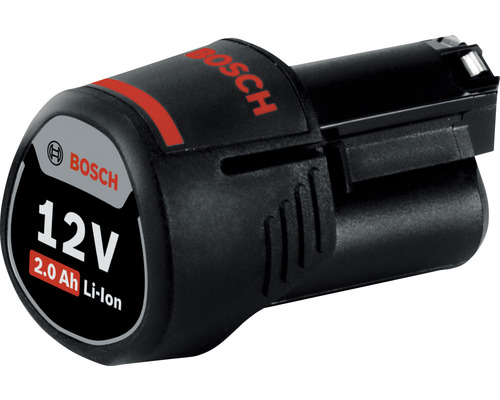 Bosch Logo. 12 Volt 2.0 Amperestunden Lithium-Ionen-Akku.