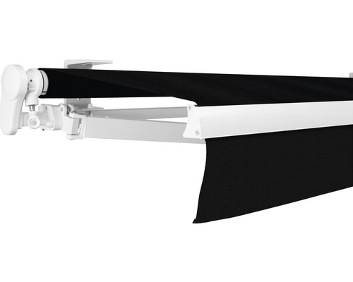 Store banne à bras articulé SOLUNA Proof 6x3 tissu dessin 6028 châssis RAL 9010 blanc pur entraînement à gauche avec manivelle