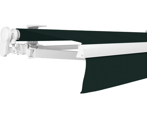 Store banne à bras articulé SOLUNA Proof 6x3 tissu dessin 6687 châssis RAL 9010 blanc pur entraînement à gauche avec manivelle