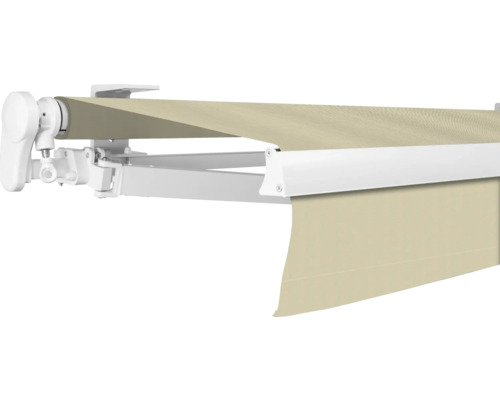 Store banne à bras articulé SOLUNA Proof 4x2 tissu dessin 7548 châssis RAL 9010 blanc pur entraînement à gauche avec manivelle