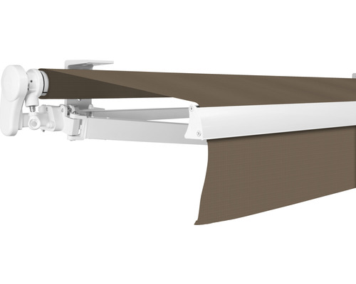 SOLUNA Gelenkarmmarkise Proof 6x2,5 Stoff Dessin 7559 Gestell RAL 9010 reinweiß Antrieb links inkl. Kurbel