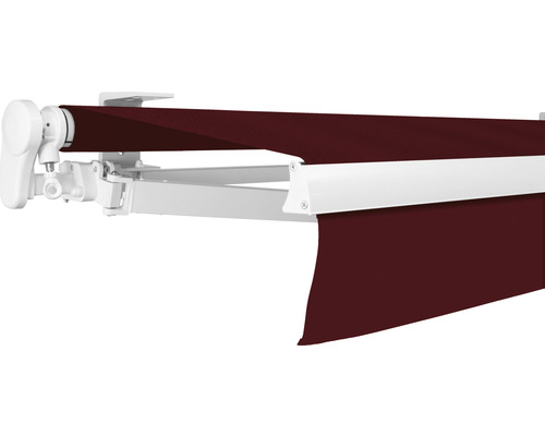 Store banne à bras articulé SOLUNA Proof 4x2 tissu dessin 8206 châssis RAL 9010 blanc pur entraînement à gauche avec manivelle