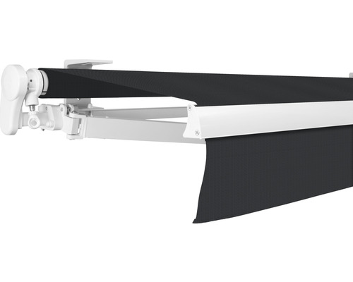 Store banne à bras articulé SOLUNA Proof 4x3 tissu dessin U171 châssis RAL 9010 blanc pur entraînement à gauche avec manivelle