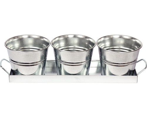 Trois pots à plantes métalliques sur un plateau