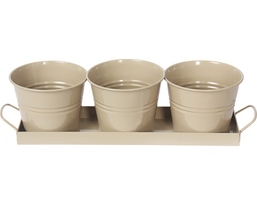 Jardinière avec trois seaux sur un plateau