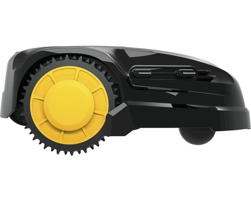 Schwarzer Mähroboter mit gelbem Rad