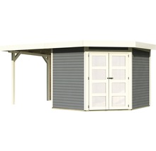 Gartenhaus Karibu Grünwald 5 inkl. Anbaudach 2,4 m und Rückwand 492,5 x 262 cm terragrau