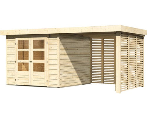 Abri de jardin en bois avec double porte et paroi à lamelles