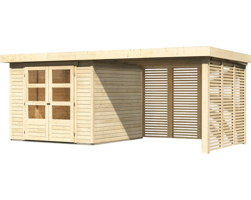 Abri de jardin en bois avec double porte et abri latéral