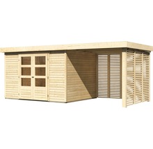 Gartenhaus Karibu Kodiak 5 inkl. Anbaudach 2,4 m, Feuerholzoption 554 x 262 cm natur