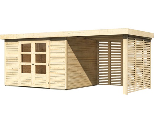 Abri de jardin en bois avec double porte et abri latéral