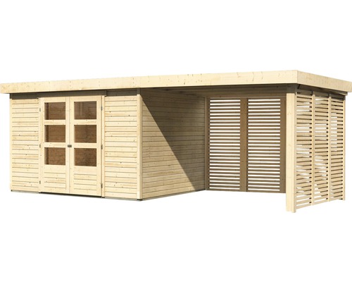 Abri de jardin en bois avec double porte et paroi à lamelles