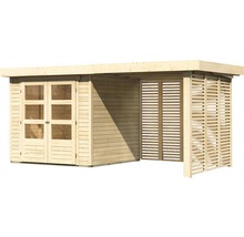 Abri de jardin Karibu Kodiak 2 avec extension de toit de 2,4 m, option bois de chauffage 467 x 238 cm naturel