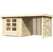 Gartenhaus Karibu Kodiak 3 inkl. Anbaudach 2,4 m, Feuerholzoption 491 x 238 cm natur