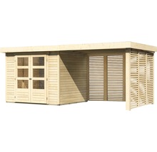 Gartenhaus Karibu Kodiak 3 inkl. Anbaudach 2,8 m, Feuerholzoption 528,5 x 238 cm natur
