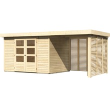 Gartenhaus Karibu Kodiak 4 inkl. Anbaudach 2,4 m, Feuerholzoption 554 x 238 cm natur