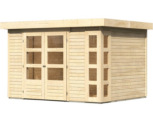 Holzgartenhaus mit Fenstern und Doppeltür