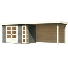 Gartenhaus Karibu Naomi 4 inkl. Anbaudach 2,8 m, Rückwand 591,5 x 238 cm terragrau